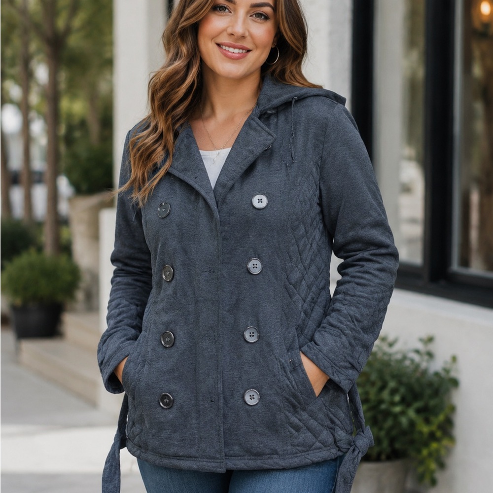 Bongo Gray Coat Designer Double Breasted Hooded Jacket Pockets Size L